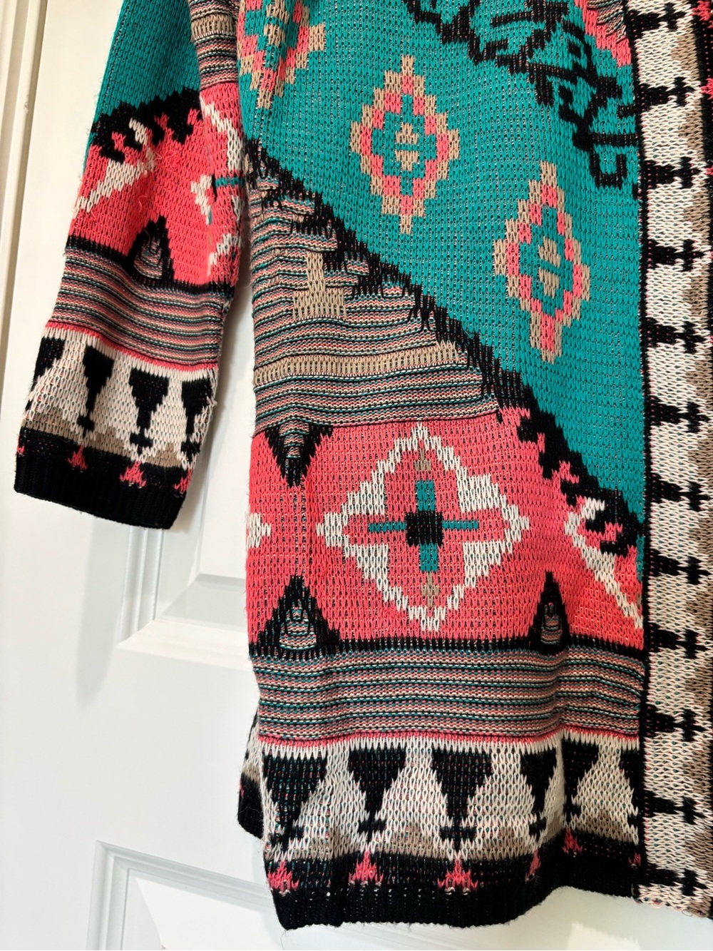 Flying Tomato S Open Sweater Cardigan Southwestern Boho Aztec Turquoise Coral - Picture 4 of 9